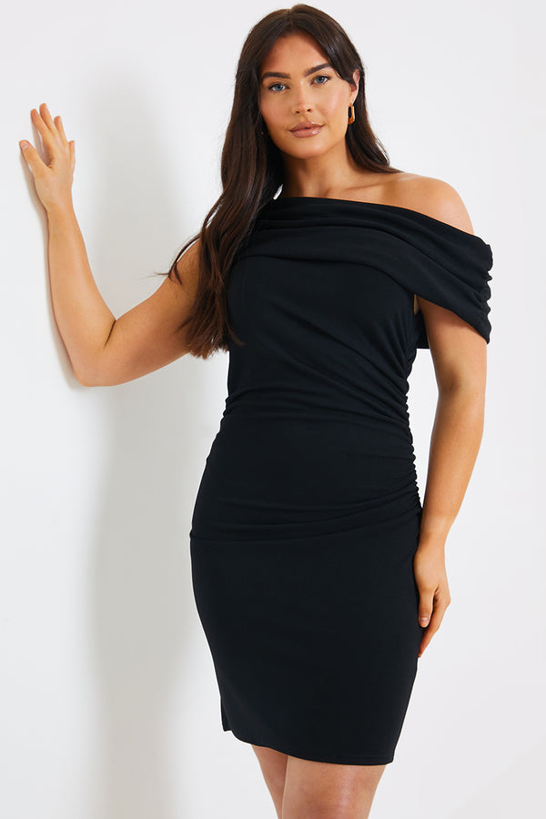 in the style In The Style Asymmetric Ruched Mini Dress Black in the style In The Style Asymmetric Ruched Mini Dress Black