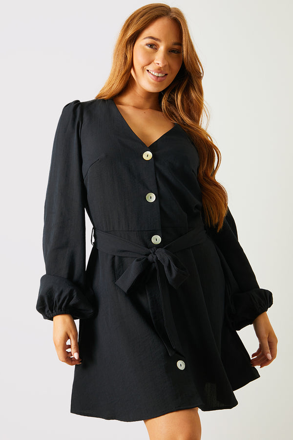 in the style In the Style Balloon Sleeve Button Down Mini Dress Black