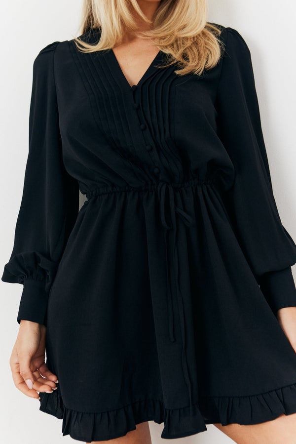 In The Style In The Style Balloon Sleeve Pintuck Tie Waist Detail Mini Dress Black