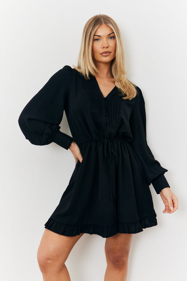 in the style In The Style Balloon Sleeve Pintuck Tie Waist Detail Mini Dress Black