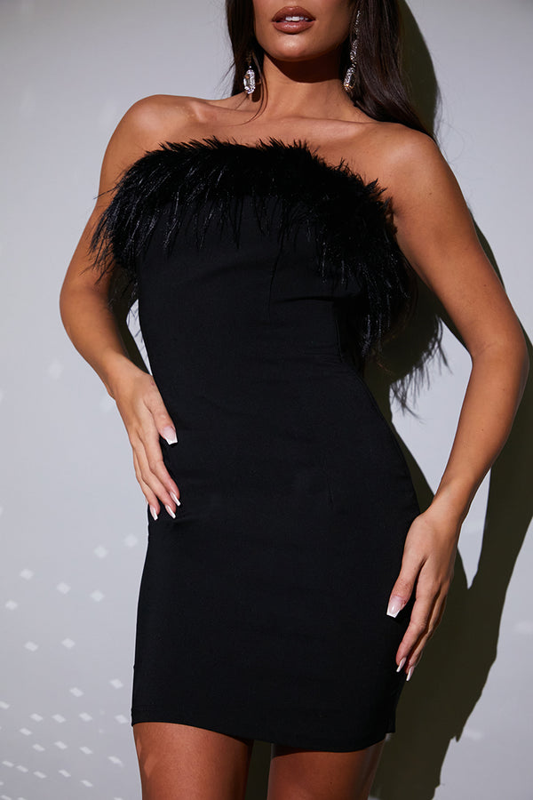 In The Style In The Style Bandeau Faux Feather Trim Mini Dress Black