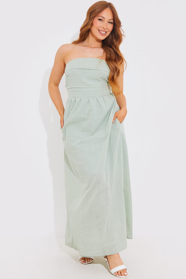 in the style In The Style Bandeau Linen Look Midi Dress Sage