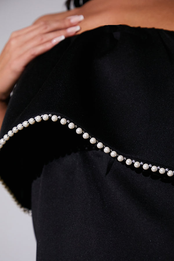 In The Style In The Style Bandeau Pearl Trim Mini Skater Dress Black