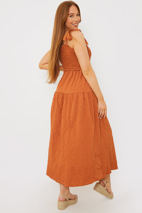 In The Style In The Style Bandeau Shirred Bust Tie Strap Midaxi Dress Brown