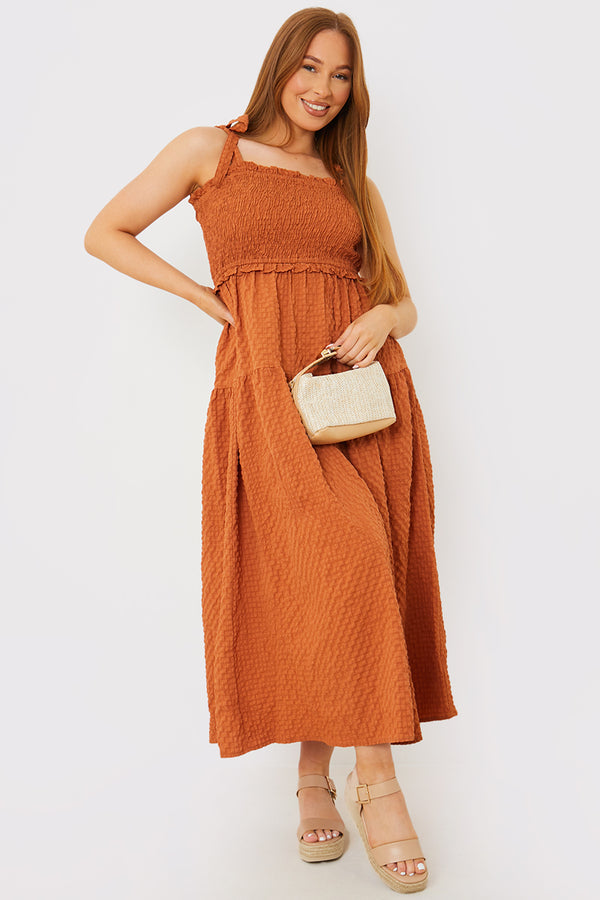 in the style In the Style Bandeau Shirred Bust Tie Strap Midaxi Dress Brown