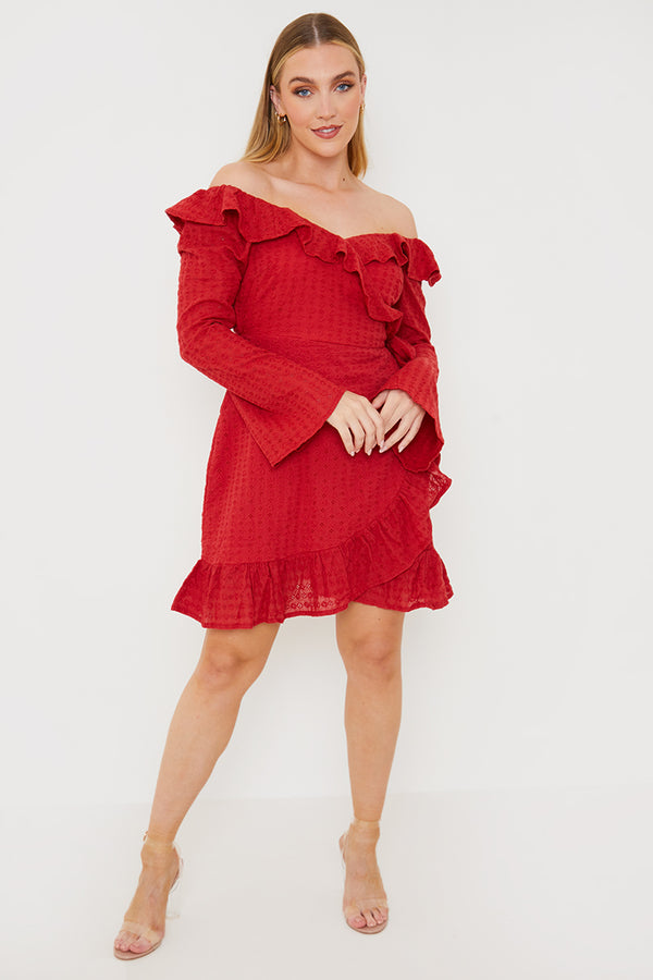 In The Style In The Style Bardot Broderie Anglaise Mini Dress Red