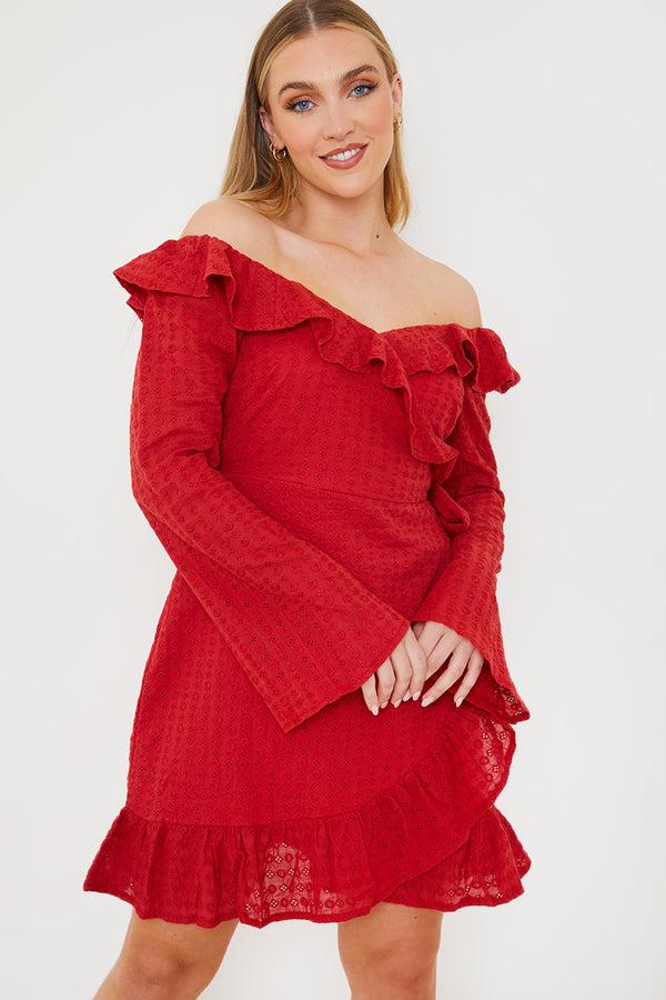 In The Style In The Style Bardot Broderie Anglaise Mini Dress Red