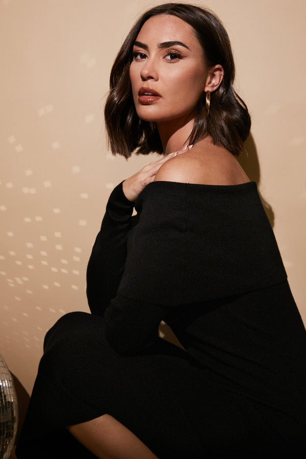 in the style In the Style Bardot Knit Midaxi Dress Black