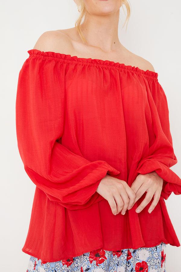 In The Style In The Style Bardot Long Sleeve Blouse Red
