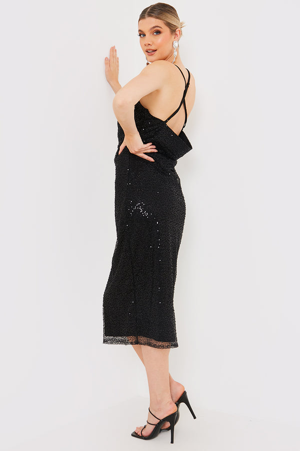 In The Style In The Style Beaded Sequin Cowl Neck Low Back Midi Slip Dress Black