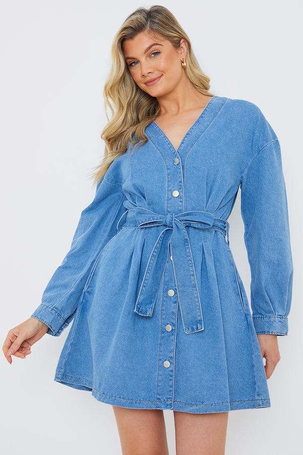 In The Style In The Style Belted Denim Shirt Dress Blue