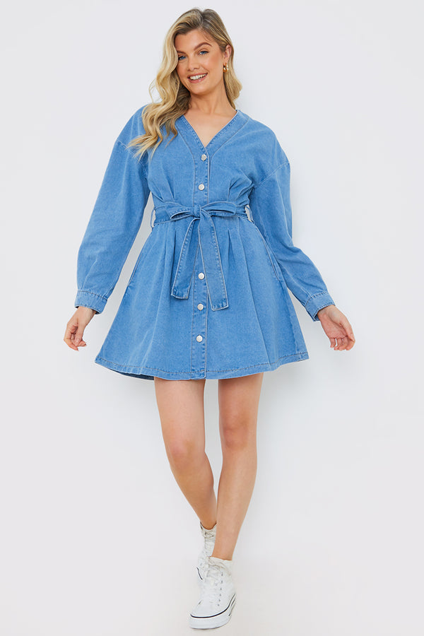 In The Style In The Style Belted Denim Shirt Dress Blue