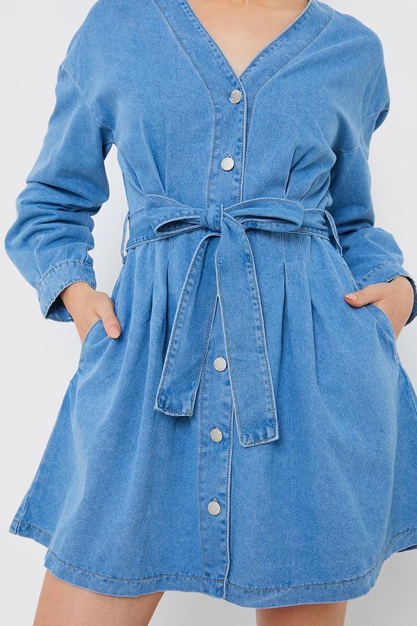 In The Style In The Style Belted Denim Shirt Dress Blue