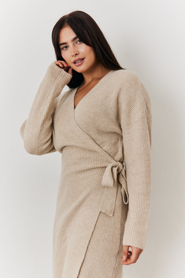 In The Style In The Style Belted Knit Wrap Mini Dress Oatmeal