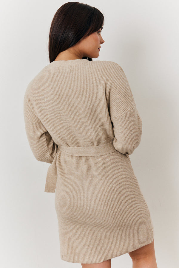 In The Style In The Style Belted Knit Wrap Mini Dress Oatmeal