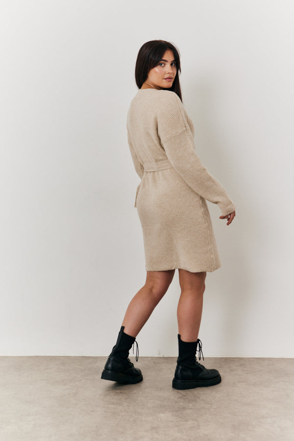 In The Style In The Style Belted Knit Wrap Mini Dress Oatmeal