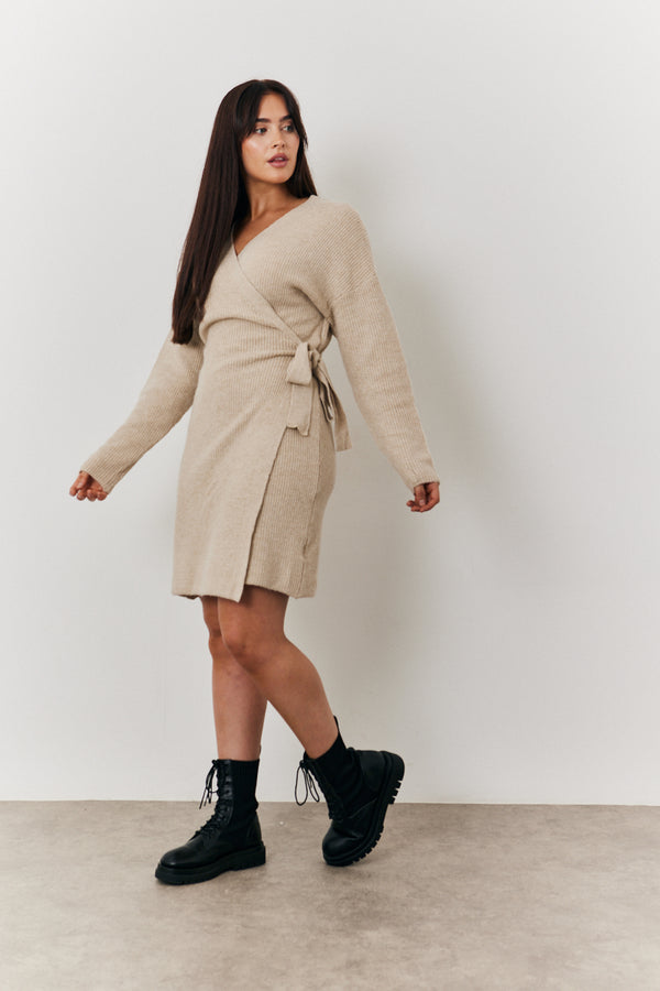 in the style In the Style Belted Knit Wrap Mini Dress Oatmeal
