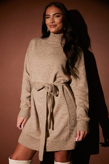 in the style In the Style Belted Knitted Mini Dress Mocha