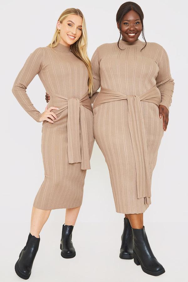 In The Style In The Style Belted Rib Knitted Midi Dress Brown