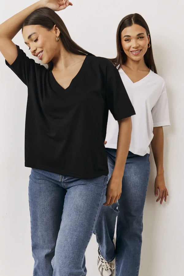 in the style In The Style Black and White 2 Pack Slouchy V-Neck T-Shirt Monochrome