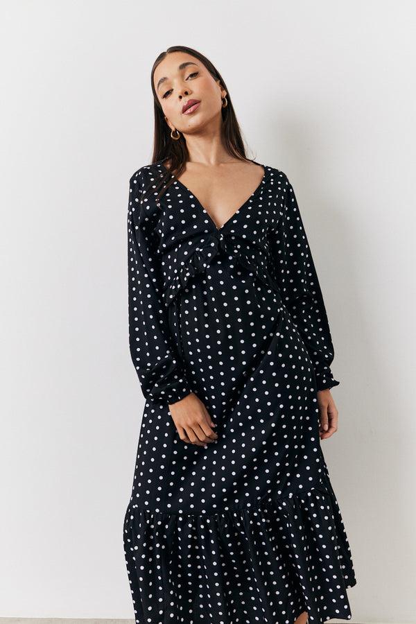 In The Style In The Style Black And White Polka Dot Frill Detail Midaxi Dress Black