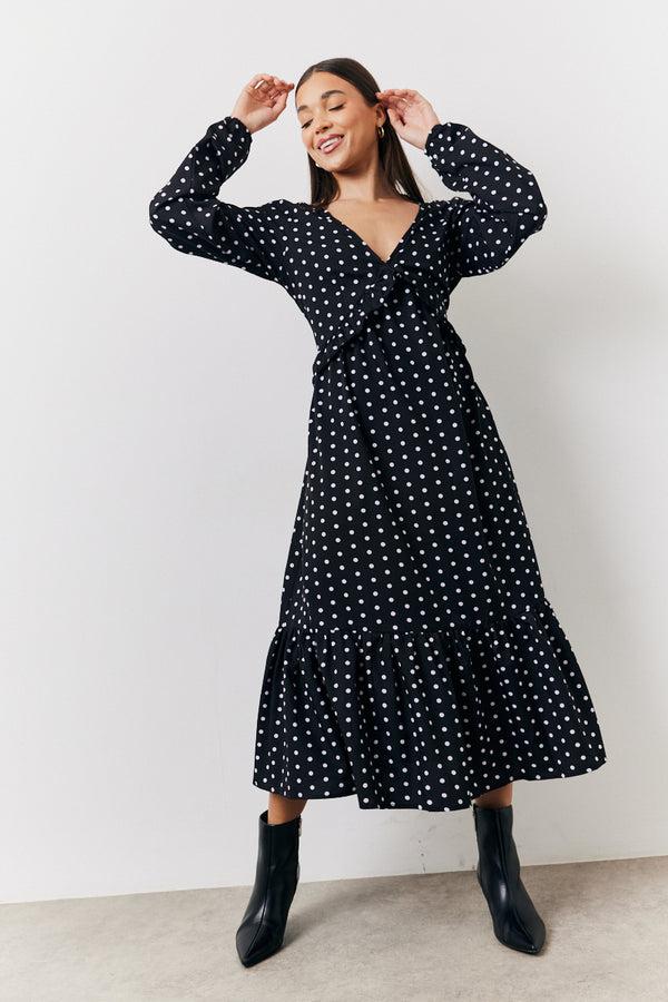 in the style In The Style Black and White Polka Dot Frill Detail Midaxi Dress Black