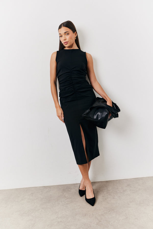 in the style In The Style Black Bengaline Ruched Midi Dress Black