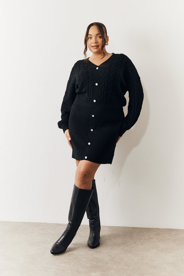 in the style In the Style Black Cable Knitted Diamante Button Mini Dress Black