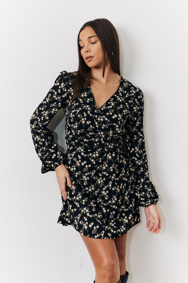 In The Style In The Style Black Ditsy Floral Printed Mini Wrap Front Dress Black