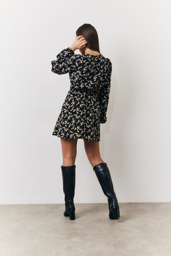 In The Style In The Style Black Ditsy Floral Printed Mini Wrap Front Dress Black