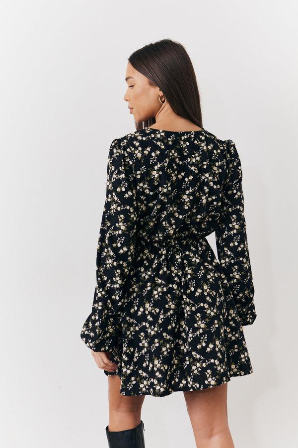 In The Style In The Style Black Ditsy Floral Printed Mini Wrap Front Dress Black