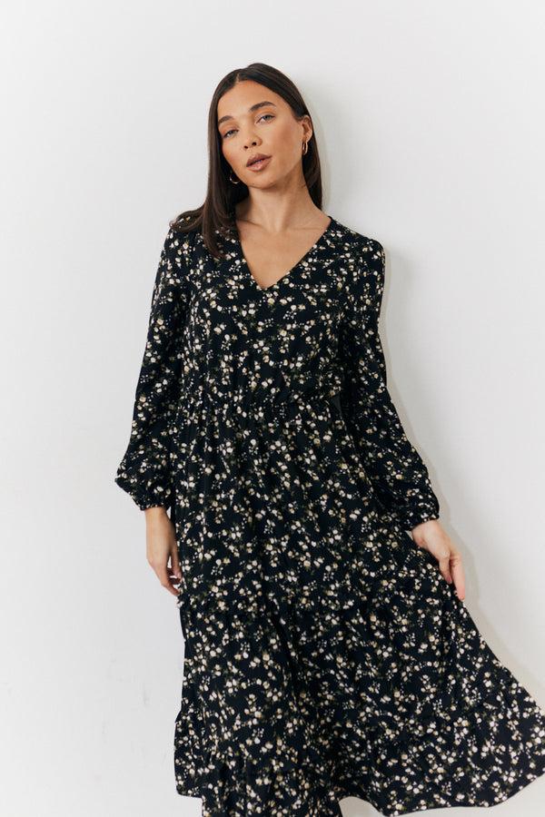 In The Style In The Style Black Ditsy Floral Printed Wrap Midi Dress Black