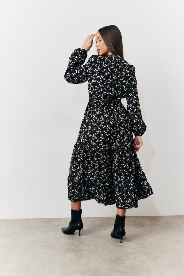 In The Style In The Style Black Ditsy Floral Printed Wrap Midi Dress Black