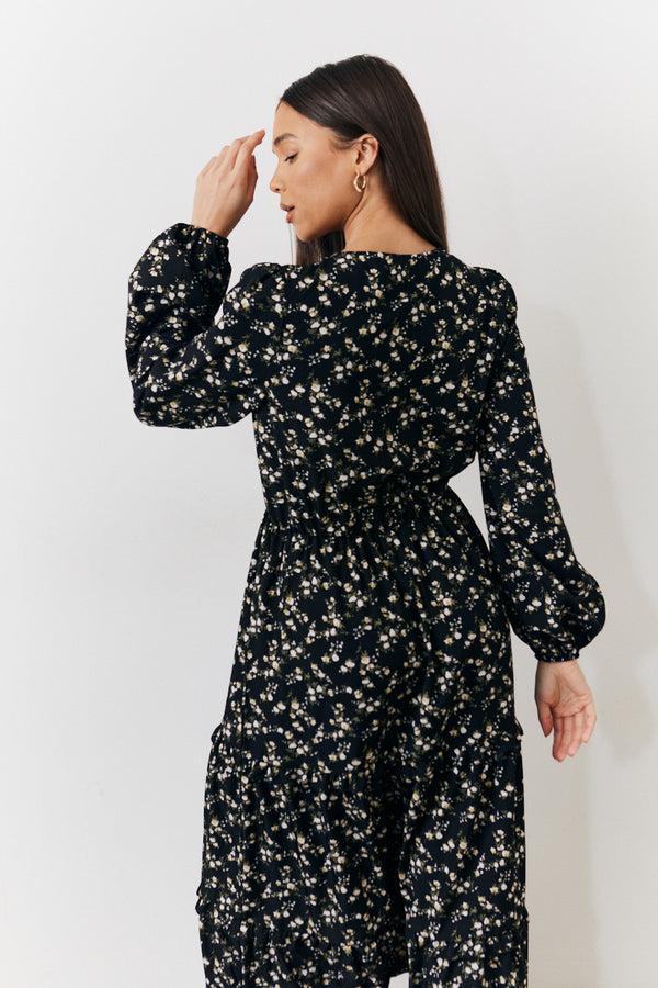 In The Style In The Style Black Ditsy Floral Printed Wrap Midi Dress Black