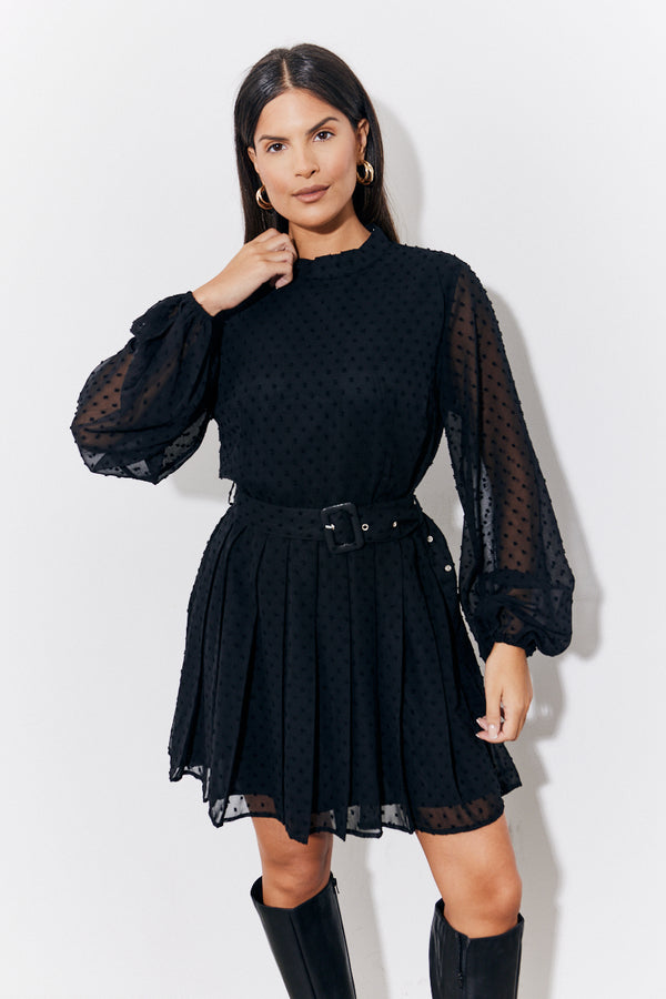 In The Style In The Style Black Dobby Belted Pleated Skater Mini Dress Black