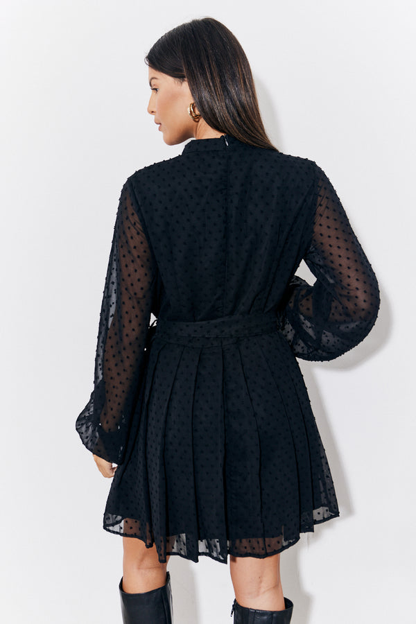 In The Style In The Style Black Dobby Belted Pleated Skater Mini Dress Black