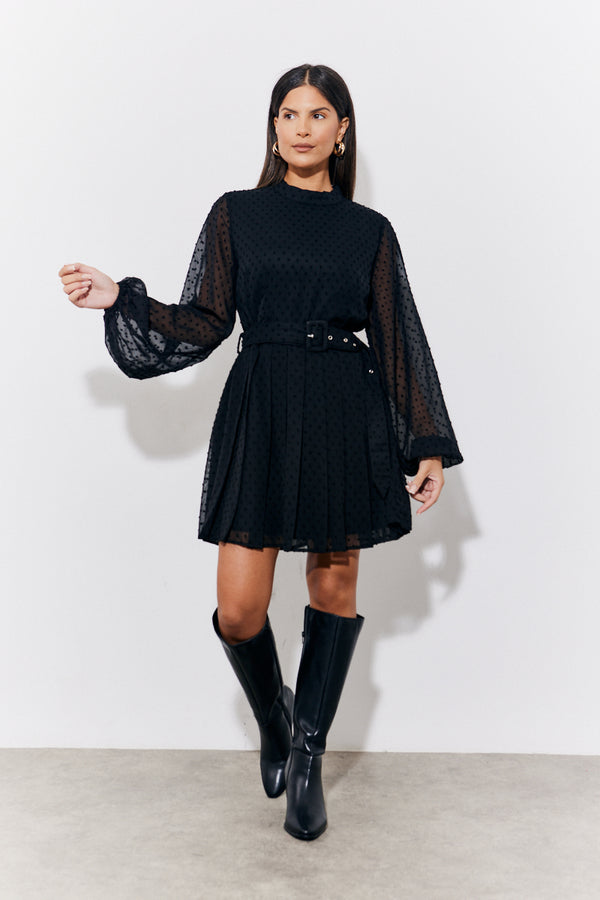 in the style In The Style Black Dobby Belted Pleated Skater Mini Dress Black