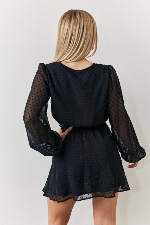 In The Style In The Style Black Dobby Chiffon Belted Mini Dress Black