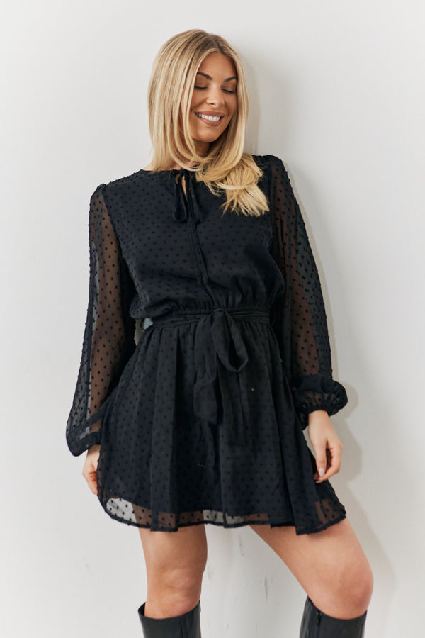 in the style In the Style Black Dobby Chiffon Belted Mini Dress Black