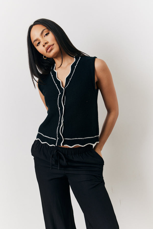 In The Style In The Style Black Knitted Contrast Scallop Edge Waistcoat Monochrome