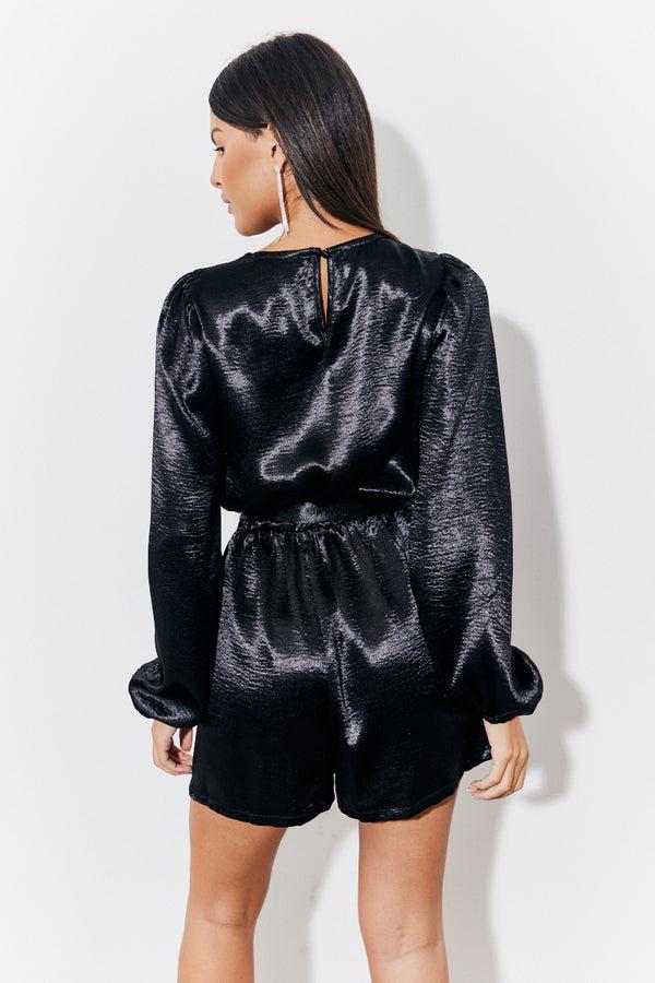 In The Style In The Style Black Liquid Satin Belted Detail Playsuit Black