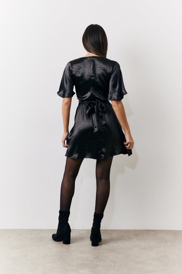 In The Style In The Style Black Liquid Satin Wrap Front Detail Mini Dress Black