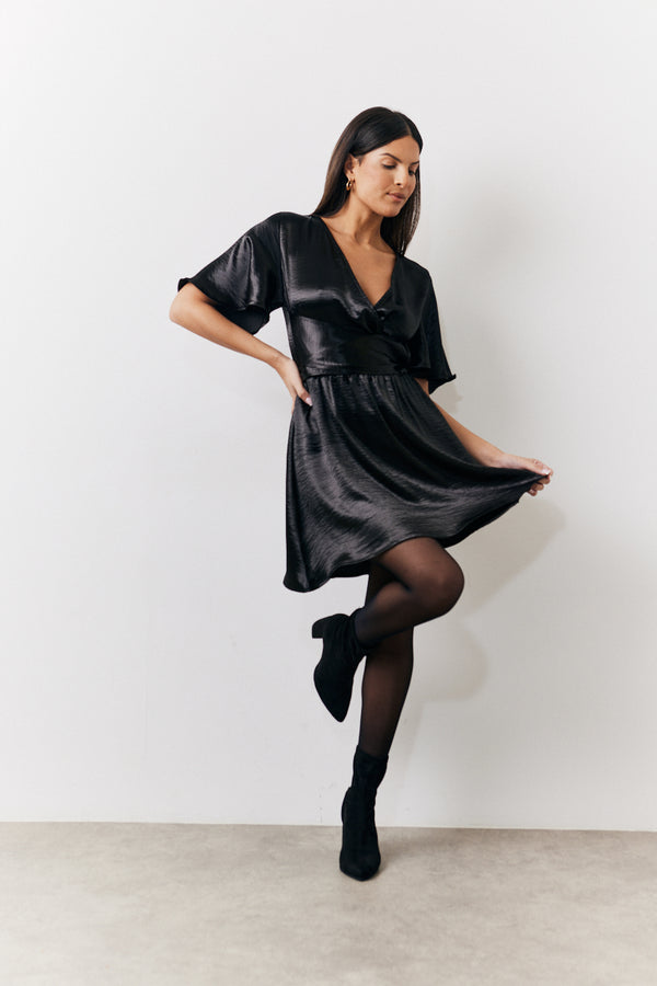 in the style In the Style Black Liquid Satin Wrap Front Detail Mini Dress Black