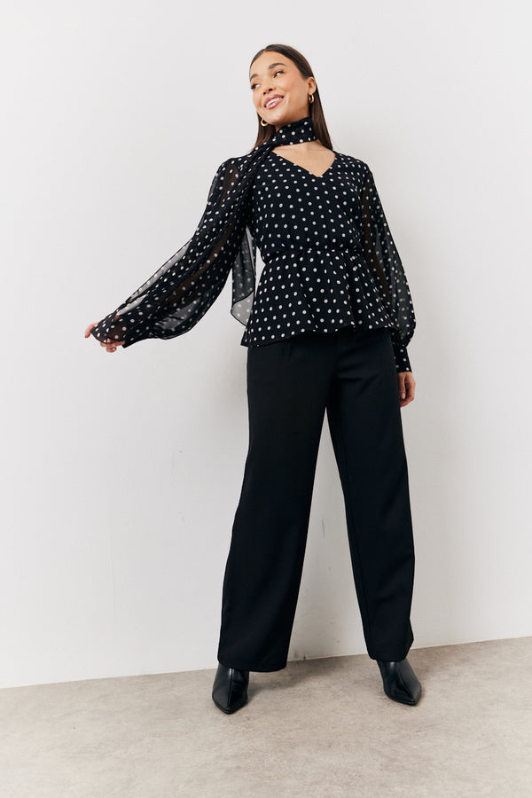 In The Style In The Style Black Polka Dot Tie Neck Blouse Black