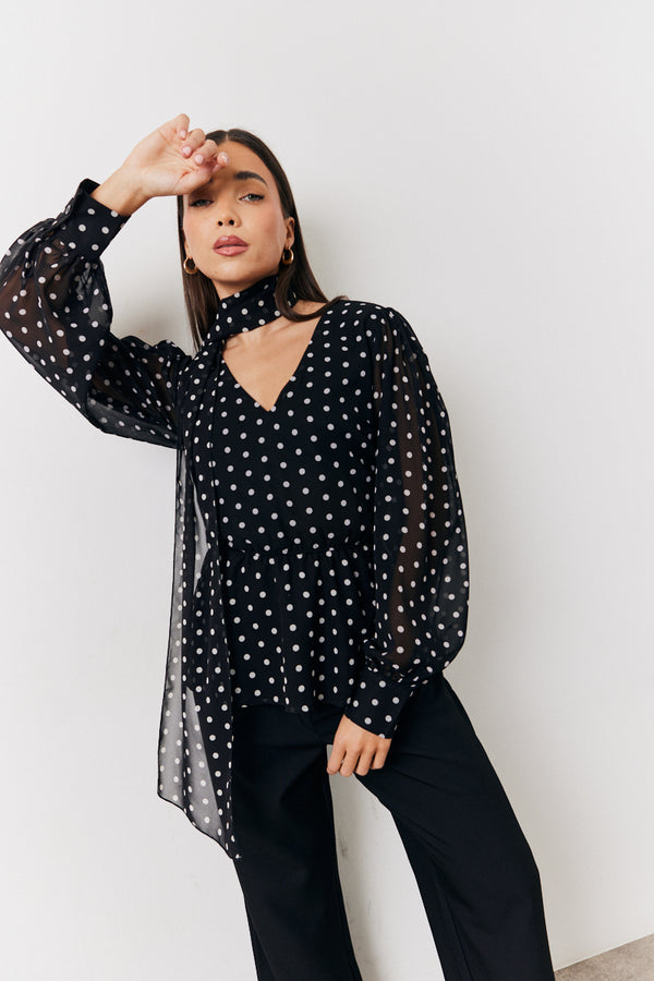 in the style In The Style Black Polka Dot Tie Neck Blouse Black