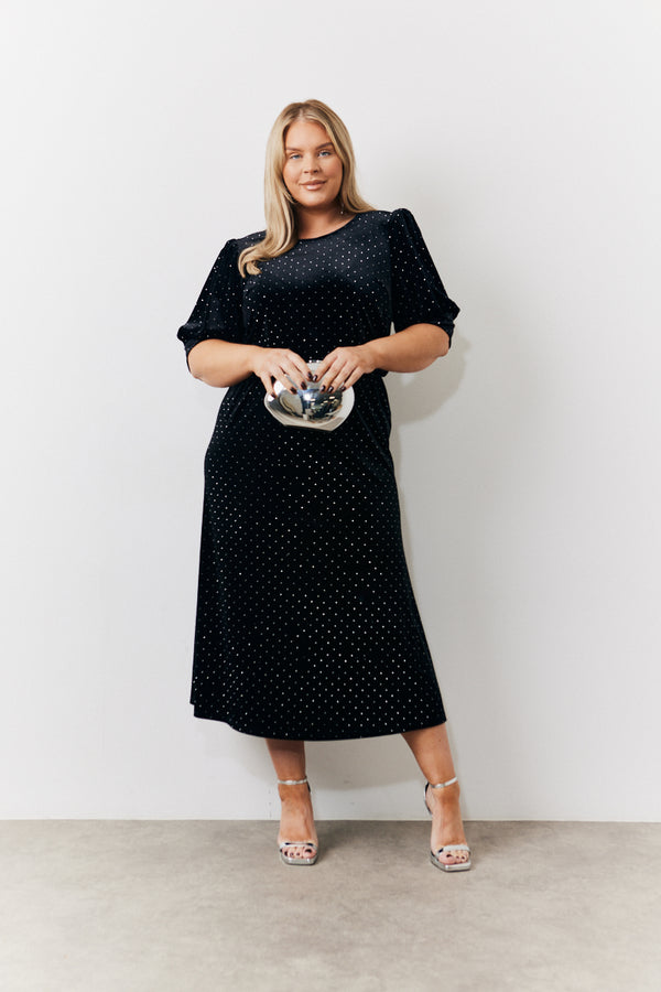 in the style In the Style Black Puff Sleeve Studded Velour Midi Dress Black