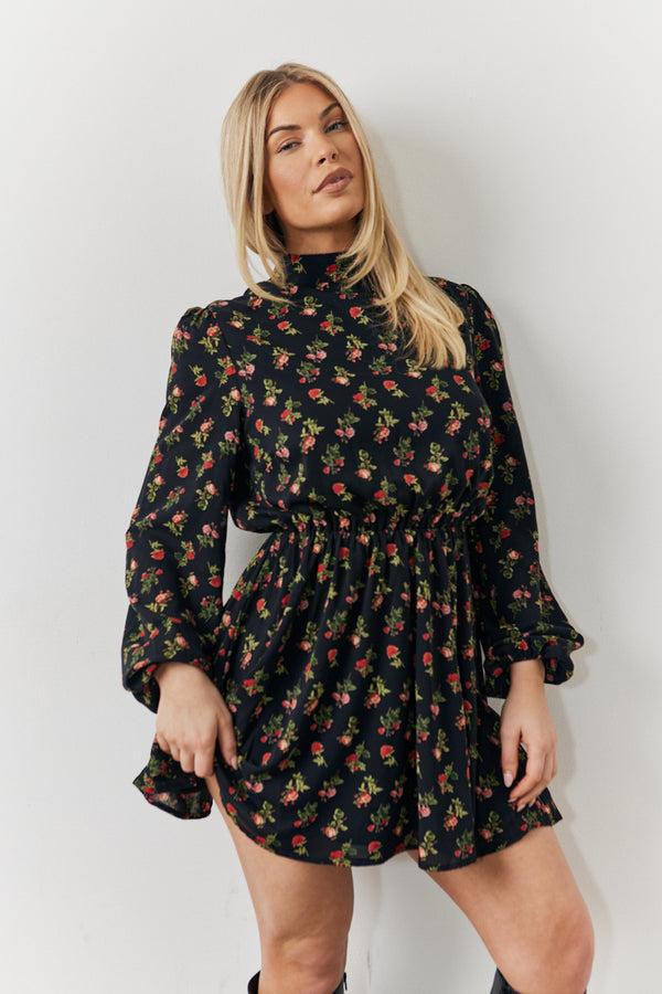 in the style In the Style Black Rose Print High Neck Mini Dress Black