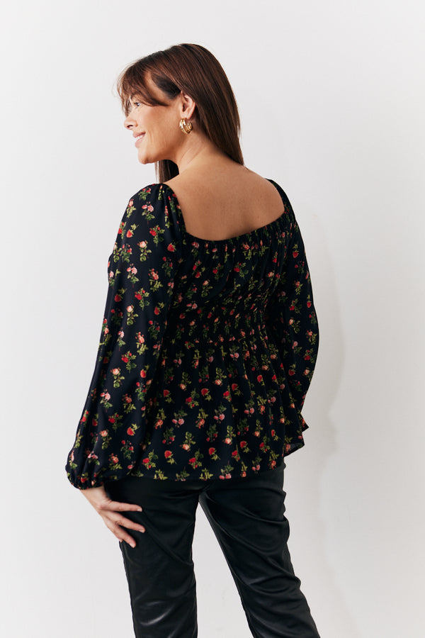 In The Style In The Style Black Rose Print Smock Top Black