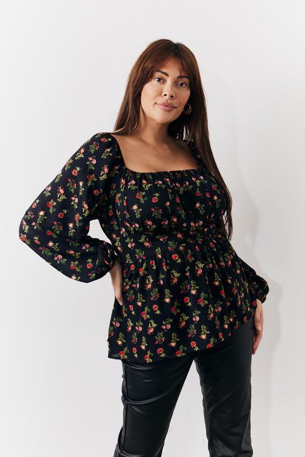 in the style In the Style Black Rose Print Smock Top Black