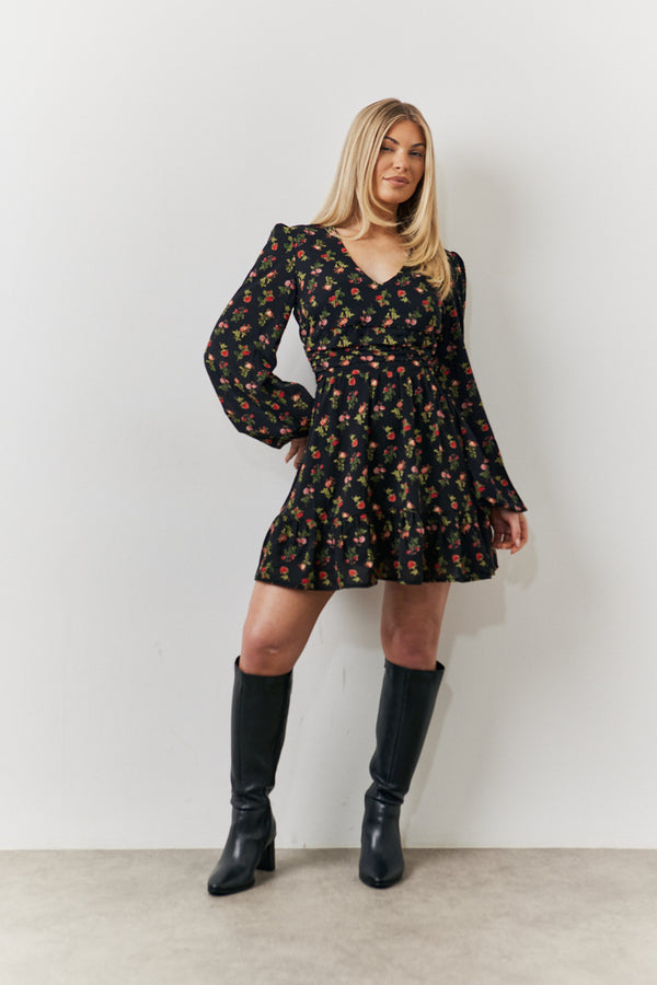 In The Style In The Style Black Rose Print Wrap Front Mini Skater Dress Black